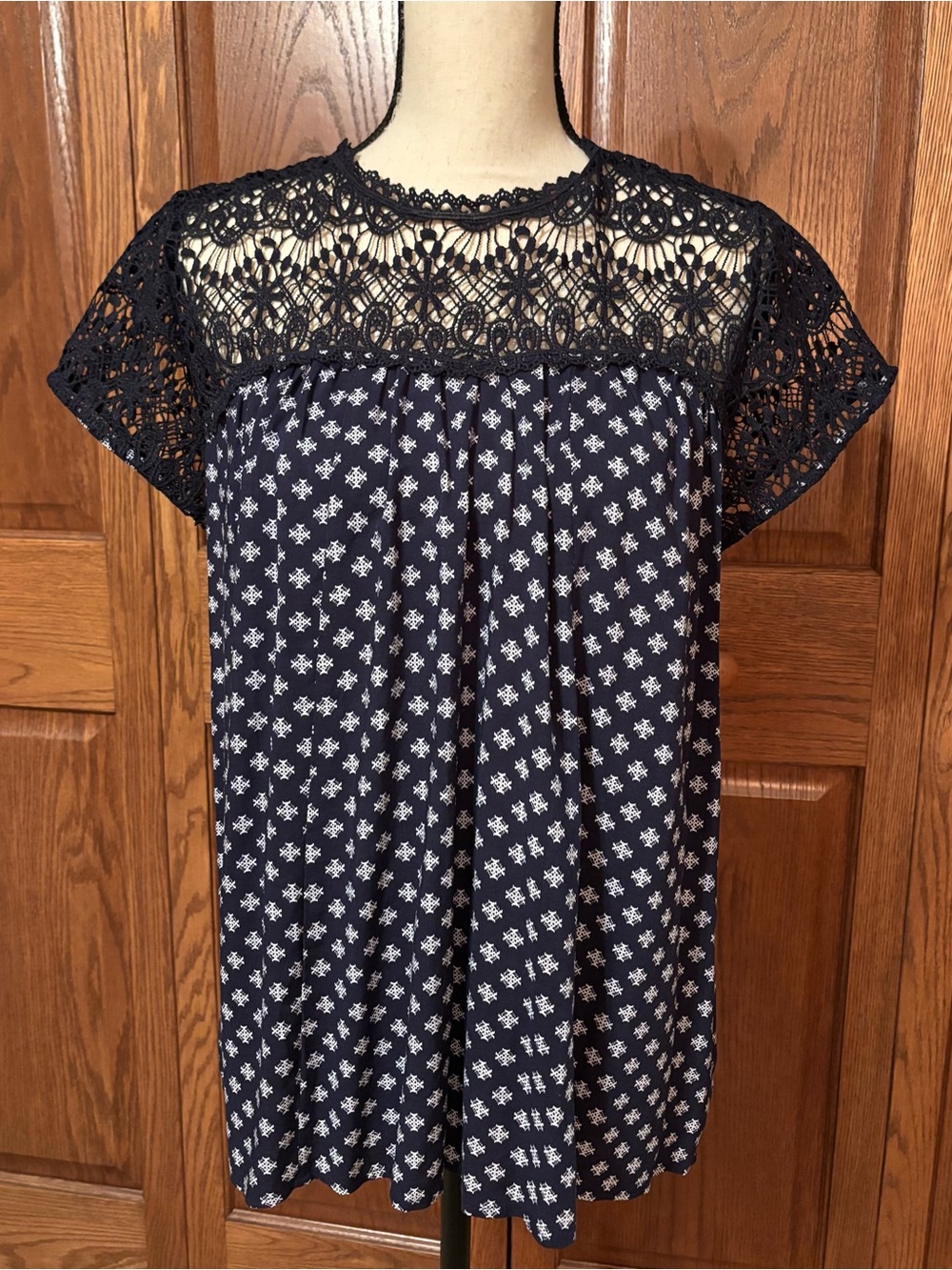 Maurices Navy Blue Lace Yoke Printed Top